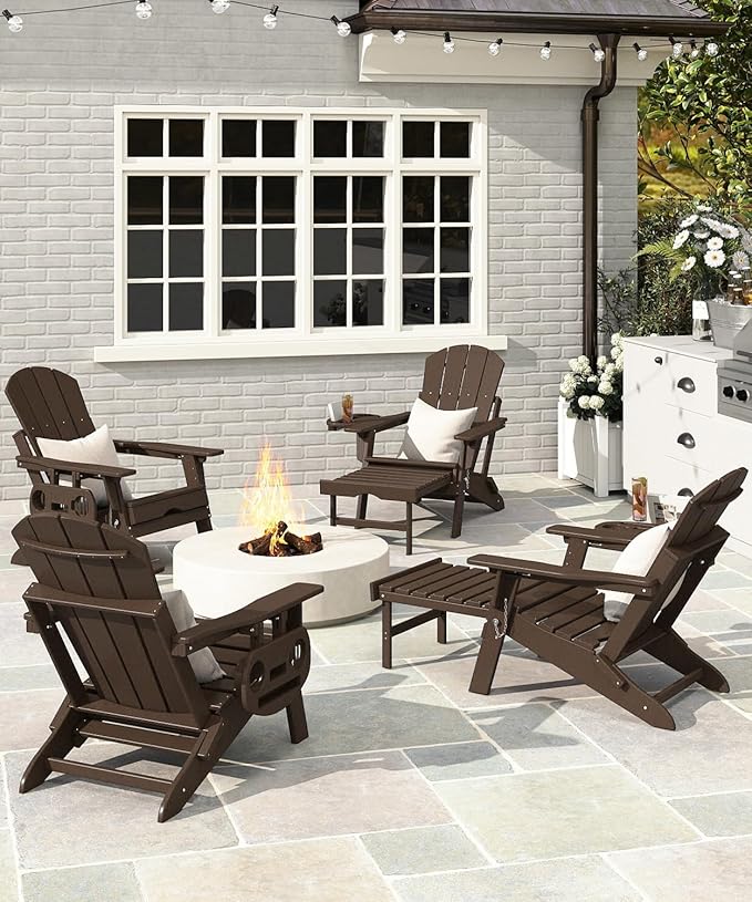Adjustable Adirondack Chair with Retractable Ottoman Set of 8, HDPE Folding Adirondack Chair with Cup Holder, All Weather Fire Pit Chair for Outdoor.
