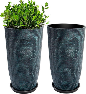QCQHDU Set of 2 Large Tall Blue Planters with Saucer - 9 Gallon 12" Diameter x 21" H Faux Stone Round Pots for Indoor Plants, Outdoor Patio & Porch Decor, Heavy Duty Weatherproof Plant Containers