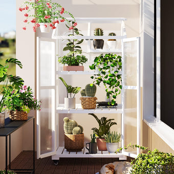 Harper & Bright Designs 62 inch Height Wood Large Greenhouse Balcony Portable Cold Frame with Wheels and Adjustable Shelves for Outdoor Indoor Use, White