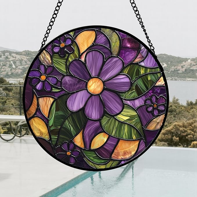 AMDERVEN Stained Glass Window Hanging, Purple Green Flowers Sun Catcher for Door Home Decor Plants Suncatcher Christmas Mother's Day Birthday Gifts for Women Men Mom and Nana 6.3 in