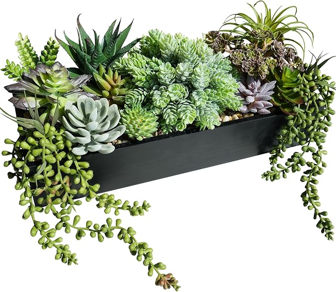 Winlyn 15" Artificial Succulent Arrangement Faux Succulents in Rustic Black Rectangular Wooden Planter Faux Potted Plants for Party Table Centerpiece Mantel Shelf Windowsill Tabletop Greenery Decor