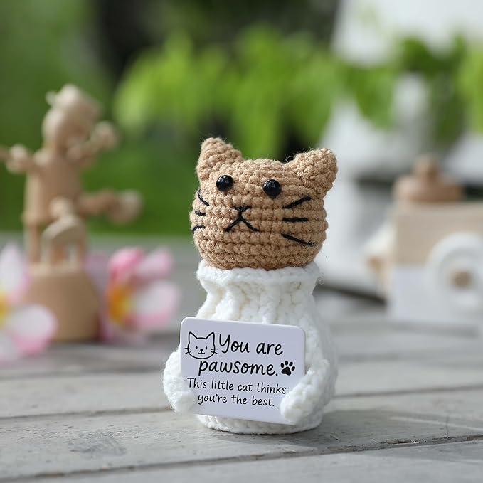 YOOJEE Positive Crochet Animals Cat – “You are Pawsome” Valentines Day Crochet Gift for Her Teens Women Adults Mom, Emotional Support Animal, Teacher Appreciation, Birthday Gift, Desk & Home Decor