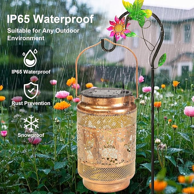 2 Pack Hummingbird Solar Lanterns Outdoor Waterproof Solar Garden Decor, Birthday Gifts for Christmas Women Mom Grandma, Metal Hanging Lights with Shepherd Hook for Yard Patio Pathway Backyard Porch
