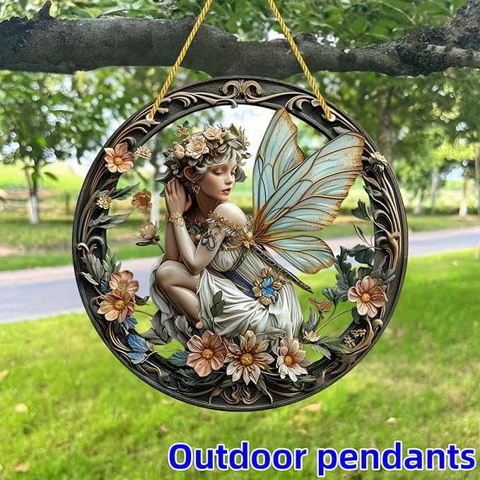 Flower Fairy Garden Decorations Angel Wing Christmas Halloween Deco Statue Art Elf Sculpture Hanging Craft for Outdoor Yard Courtyard Lawn Patio Window Acrylic Ornament Home Gift (A,S: 6*6 IN)