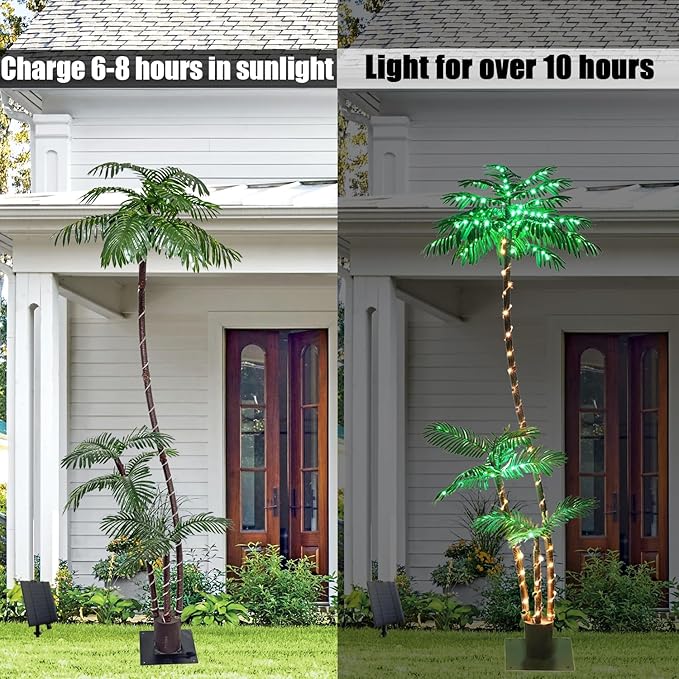 SOSHOT 6FT Solar Lighted Palm Trees for Outside Patio Light Up 260 LED Artificial Fake Tree Lights for Pool Bar Tropical Party Deck Outdoor Decorations