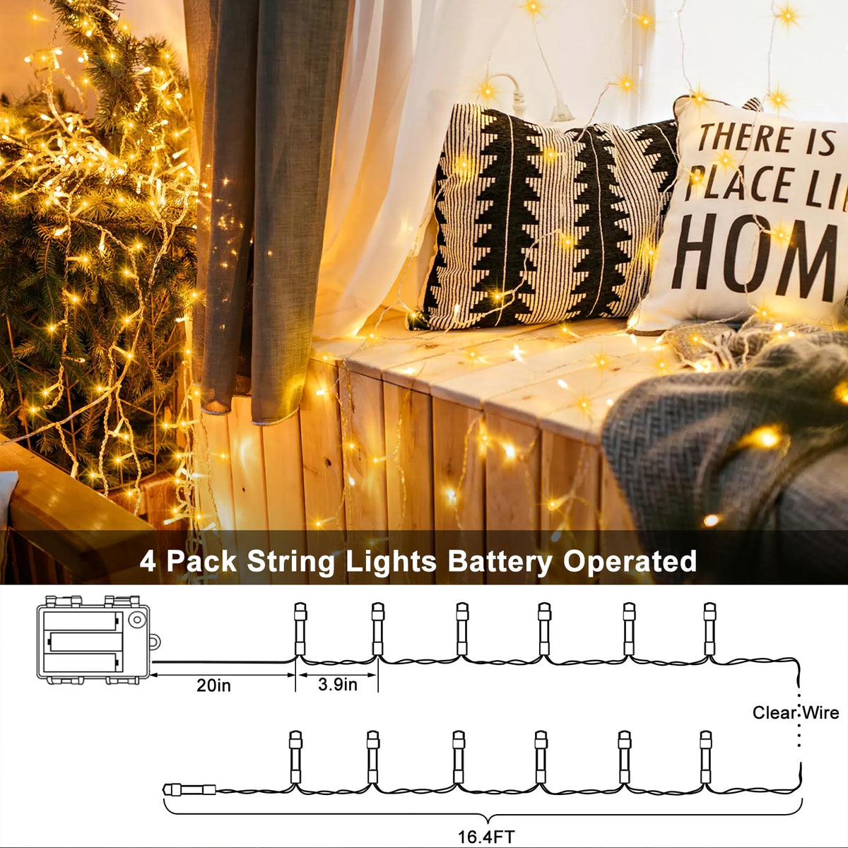 4 Pack Battery Operated Outdoor String Lights Timer Christmas Wreath Lights