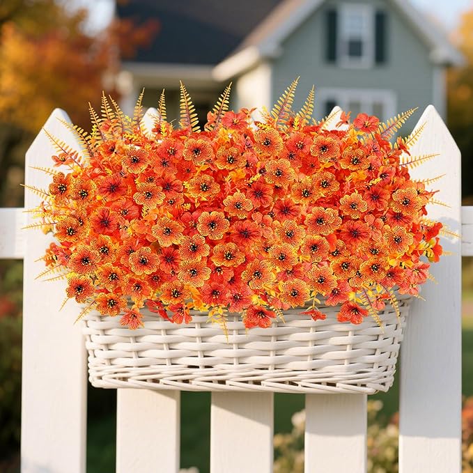 16PCS Artificial Fall Flowers for Outdoors, Realistic Faux Silk Flowers with Eucalyptus & Ferns, Fake Plants for Outside Planter, Patio, Porch, Garden Decor(Mixed)