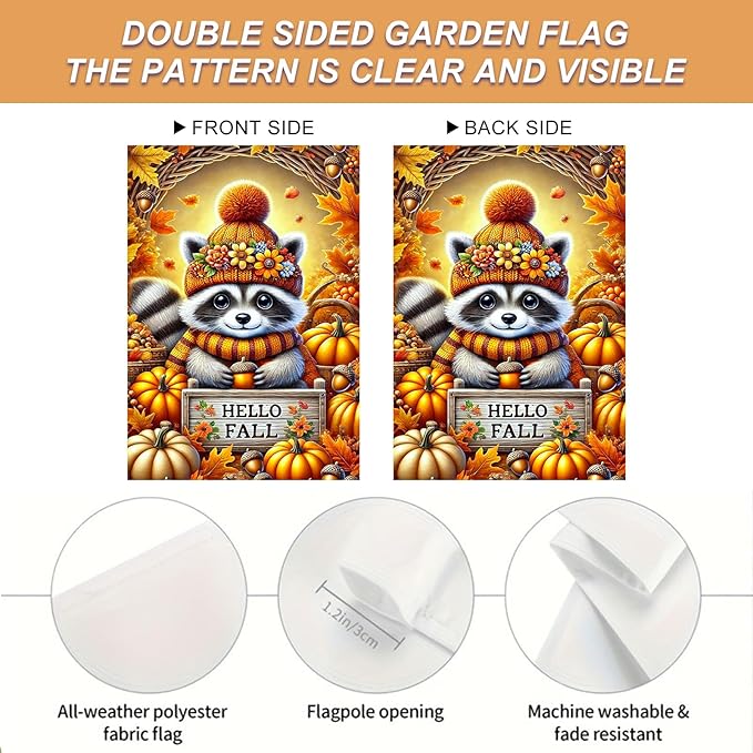 Hello Fall Garden Flag Cute Raccoon Autumn Hat Pumpkins Acorns 12x18 Inch Double Sided Outdoor Banner For Front Yard Porch Lawn Patio Thanksgiving Flag Seasonal Home Decor