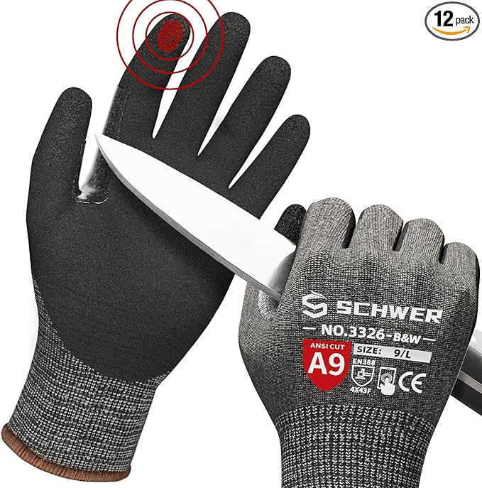 Schwer ANSI A9 Highest Level Cut Resistant Gloves,12 Pairs, Black (S)