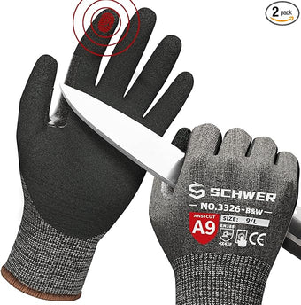 Schwer ProGuard Highest Level Cut Resistant Work Gloves PR3326 for Extreme Protection，ANSI A9 Cut Gloves with Reinforced Thumb, Non Slip, Non PFAS, Durable, Touch-screen, Black 2 Pairs（L）