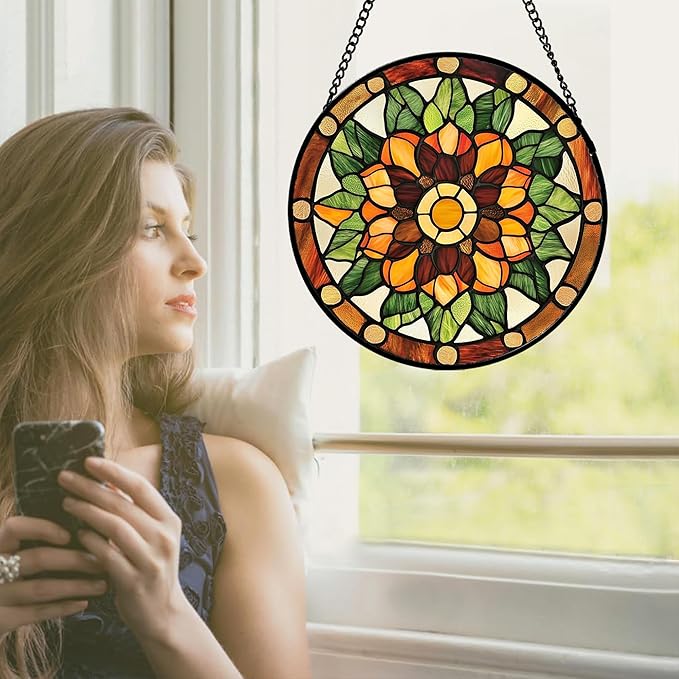 AMDERVEN Stained Glass Window Hanging - Yellow Green Boho Style Flowers Sun Catcher for Door Garden Home Decor Suncatcher Christmas Mother's Day Birthday Gifts for Women Mom Girl Nana Friend 7.8 in