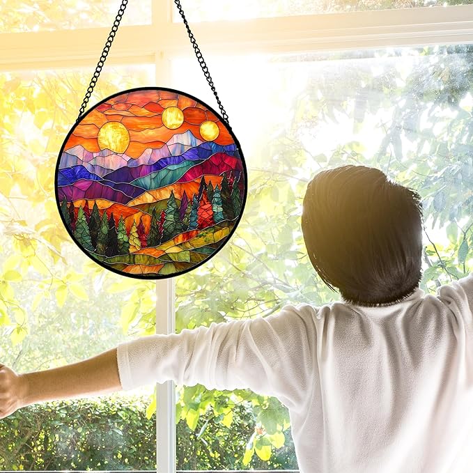 DASTOLL Stained Glass Window Hanging, Sunset Abstract Sun Catchers Colorful Glass Panel Landscape Suncatcher Decor for Birthday for Women, Men, Wife, Aunt, and Mom 9.8 in