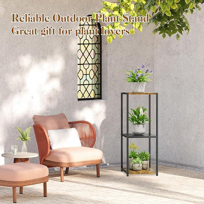 KMOTASUO 3 Tier Tall Plant Stands Indoor, 31 Inch Metal Wood Corner Plant Stand for Indoor Plants, Square Flower Pot Holder Shelf Display Rack for Balcony Garden Patio Living Room(Rustic Brown)
