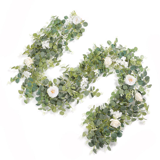 Serra Flora 6FT Artificial Eucalyptus Garland with Roses Flowers Vine Greenery Garland Hanging Plant for Wedding Party Arch Table Arrangement Indoor Outdoor Backdrop Wall Decor (White)