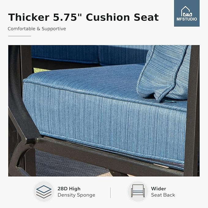 MFSTUDIO 5 Pieces Patio Conversation Sets,Outdoor Metal Furniture Sofas with 1 x 3-Seat Sofa, 2 x Swivel Chairs,2 x Ottoman,Wrought Iron Frame with Peacock Blue Cushion for Patio Courtyard Balcony