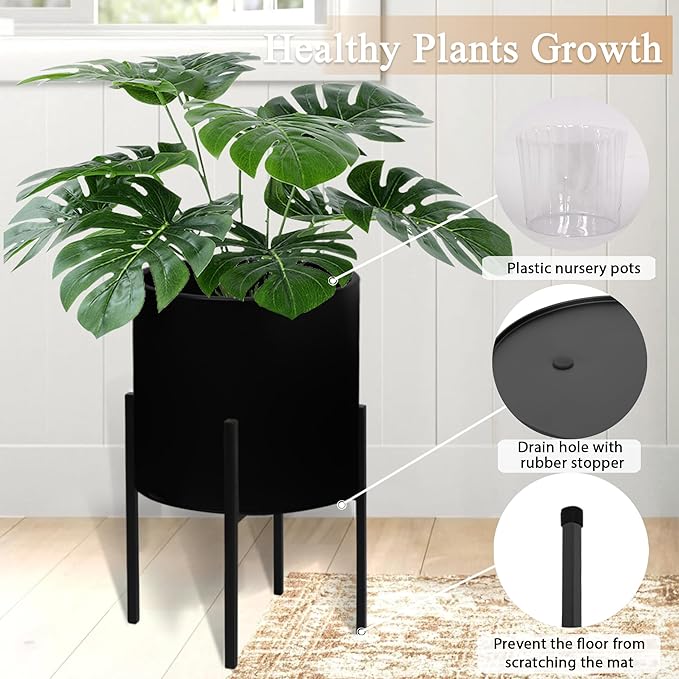 ARNIS Modern Plant Pots, Large Planters with Stand, Set of 2 Decorative Planters, Metal Plant Pots with Drainage Holes for Living Room, Office, Garden or Balcony, 10.5 &12.25 Inch, Black