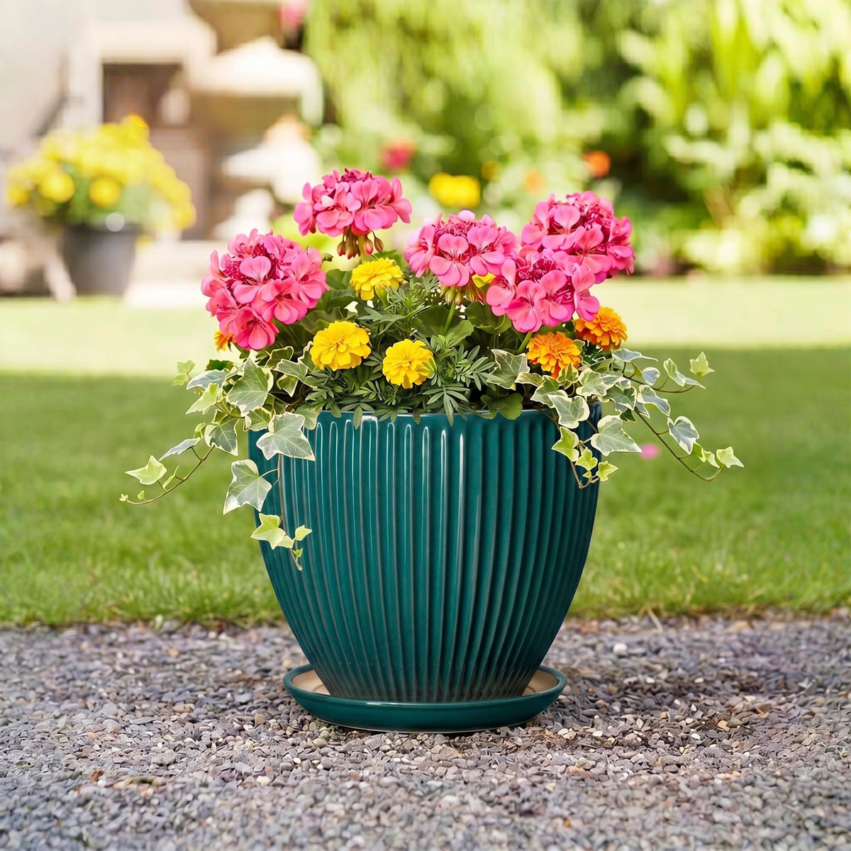 Wliror 10 Inch Flower Pot, Ceramic Planters with Saucer, Blackish Green