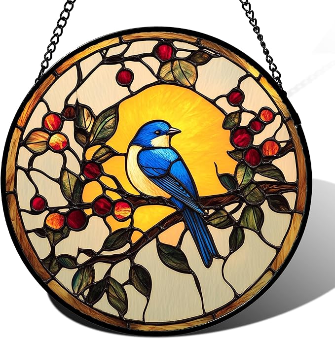 Stained Glass Window Hanging Blue Bird On A Branch Large 11.8" - Retro Suncatcher Door Garden Sunroom Sun Catcher Home Decor Birthday Christmas for Mom Men Woman Nana