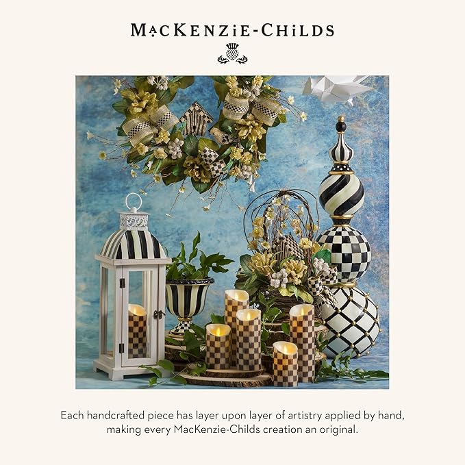 MACKENZIE-CHILDS Pedestal Tabletop Urn, Decorative Centerpiece for Table, Mantel, or Shelf, Tall, Black-and-White Courtly Check