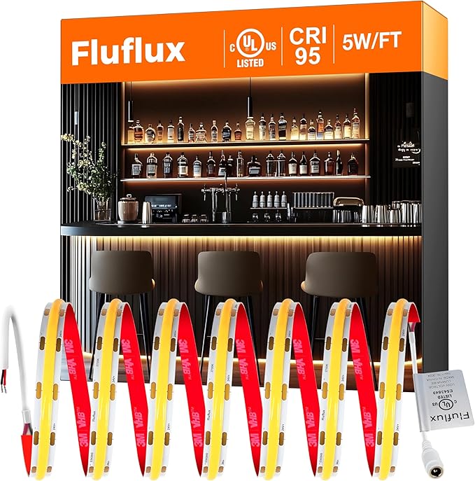 FluFlux COB LED Strip Lights 2700K, 330+LM/FT, 24V DC LED Tape Light with Strong VHB Backing, CRI 95, UL Listed, Cuttable, Dimmable, Bendable for Bars, Restaurants, Cozy Ambiance (NO Power Supply)