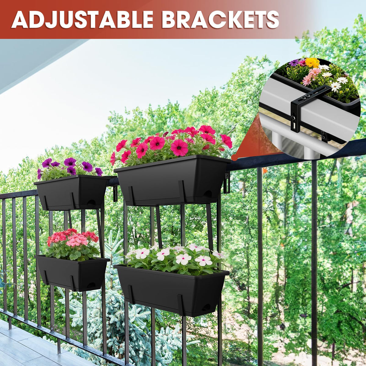 4 Pcs Hanging Flower Pots, 16.9 Inches Railing Planter Box, Black