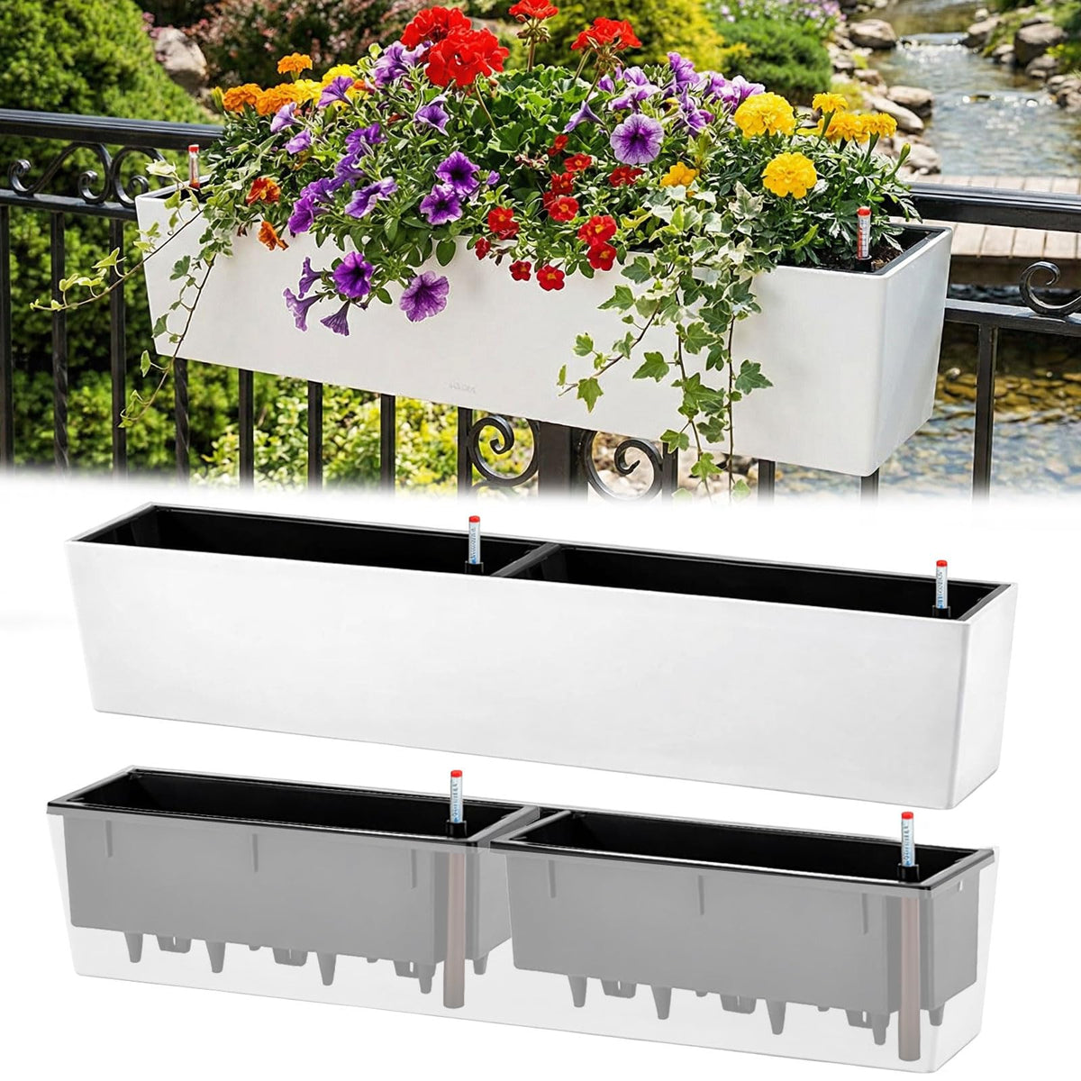 Purpeak 2 Pack Hanging Wall Planter Boxes 40" Large White Rectangular Flower Box with Window Bracket Self Watering System Railing Planter Outdoor Plant Pot Container Deck Rail Fence Balcony