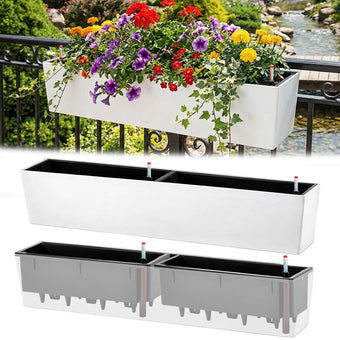 Purpeak 2 Pack Hanging Wall Planter Boxes 40" Large White Rectangular Flower Box with Window Bracket Self Watering System Railing Planter Outdoor Plant Pot Container Deck Rail Fence Balcony