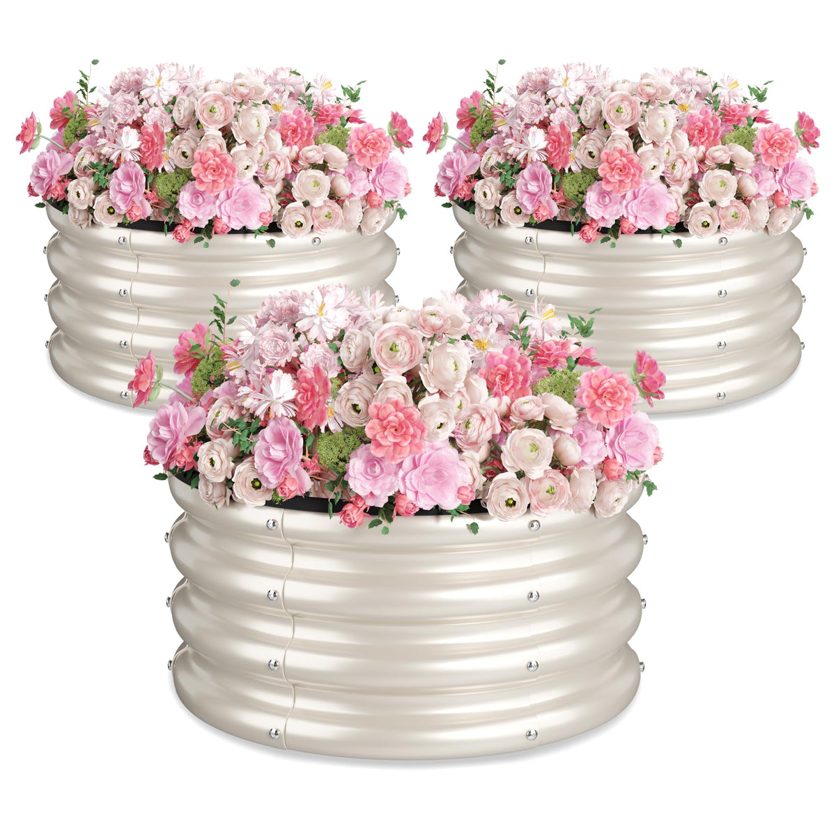 SOCONT Round Galvanized Raised Garden Bed Kit, 3 Pcs 2 x 2 x 1ft Pearl White Galvanized Garden Boxes, Outdoor for Vegetables