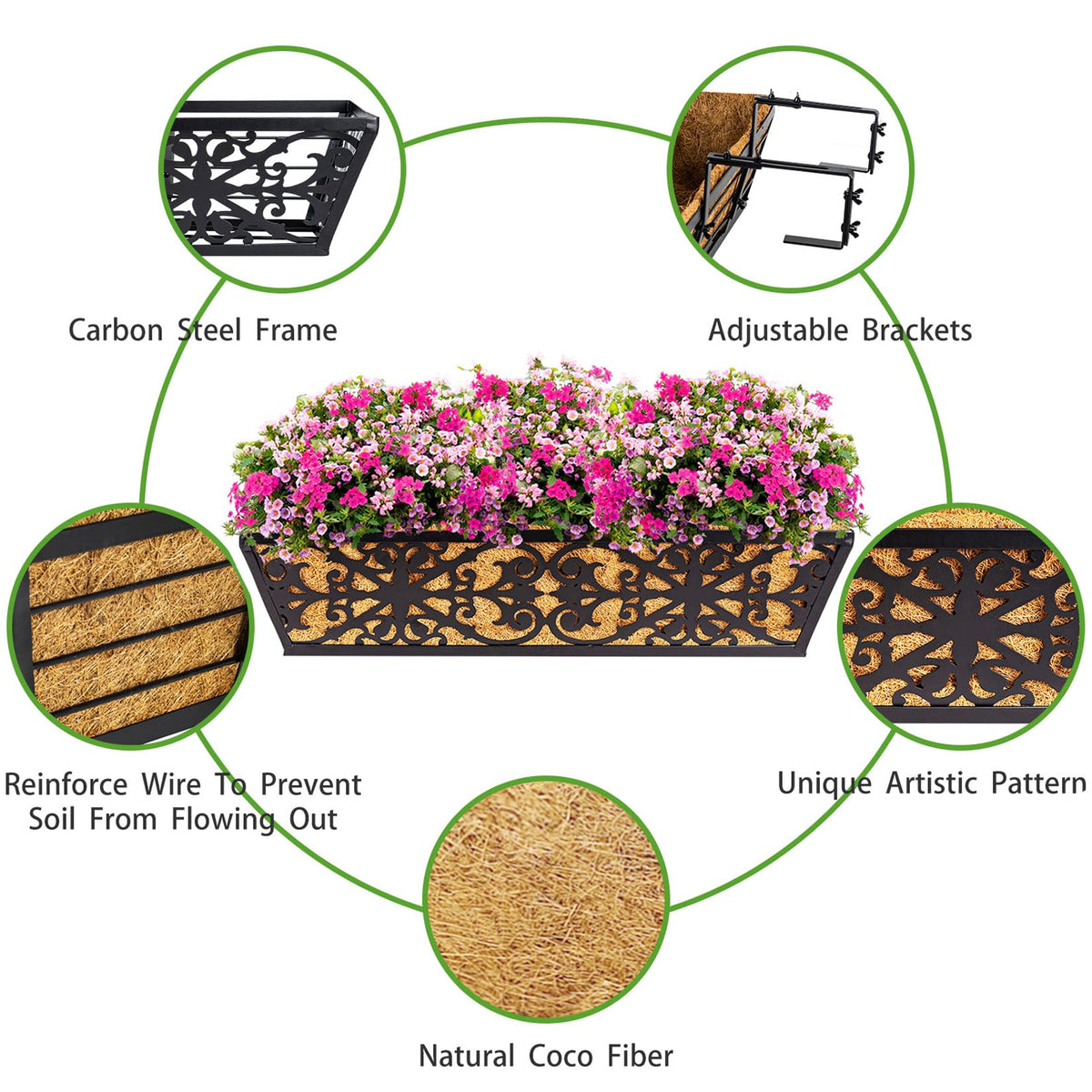 Karlliu 4 Pack 24 Inch Window Boxes Planters Railing Planter Box with Adjustable Brackets & Coco Liners Fabric Plant Grow Bags Deck Railing Planter Boxes Balcony Hanging Flower Box for Outdoor Plants