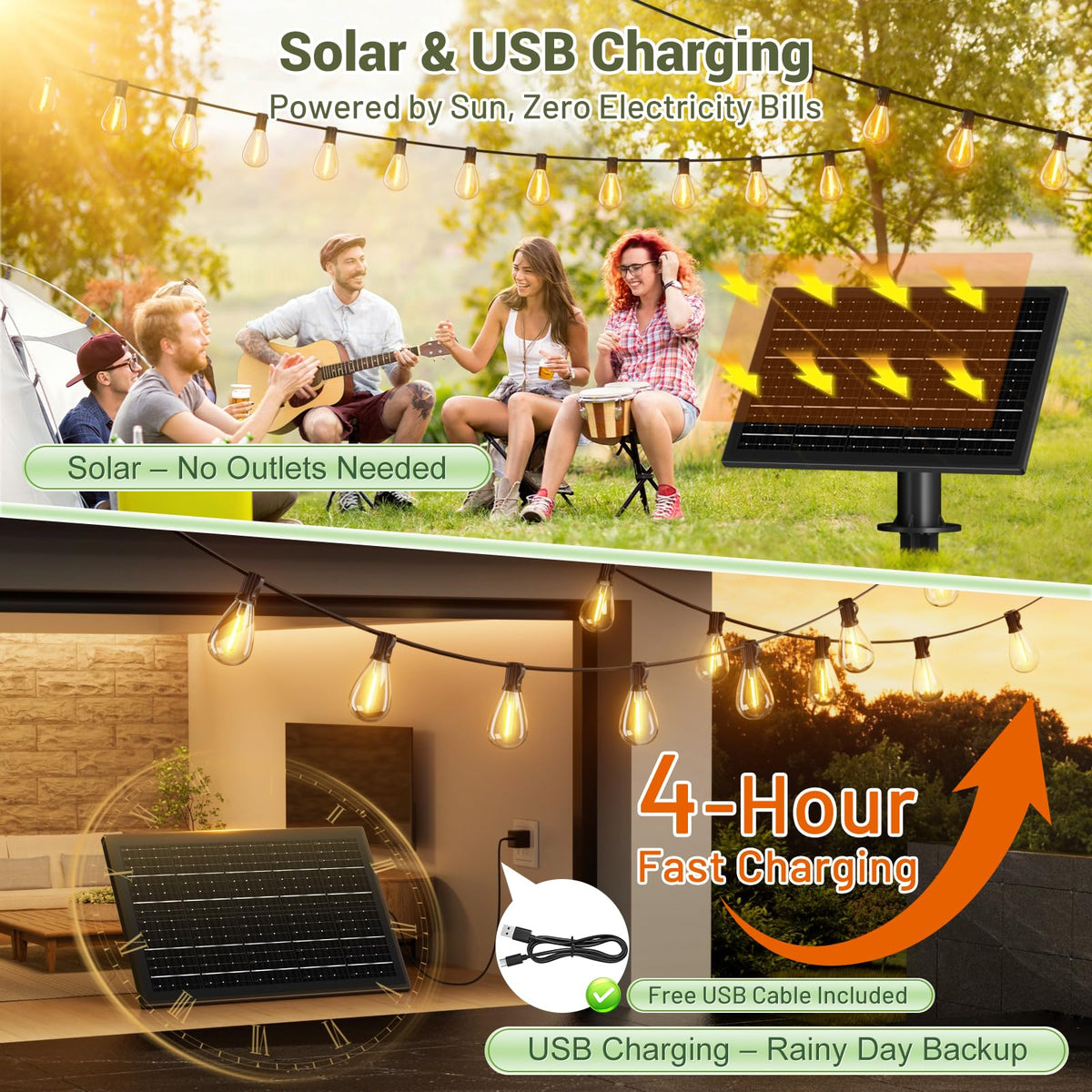 Amzrap 30FT Solar String Lights Waterproof, 10+1 LED Shatterproof Bulbs Solar Powered with Remote & USB Port, 3 Modes Dimmable Outdoor Lights for Patio, Garden, Camping