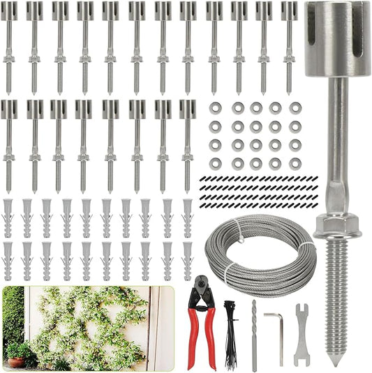 Wire Trellis for Climbing Plants Outdoor, 20-Set Wall Wire Trellis Kit with 1/8" x 98ft Stainless Steel Cable and Cutter, T316 Espalier System for Fence Garden DIY on Brick Concrete Wood Walls