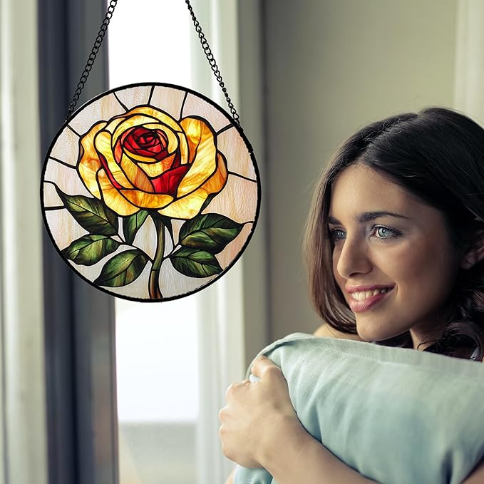 Stained Glass Window Hanging - Elegant Yellow Rose Flower Sun Catcher for Door Garden Home Decor Suncatcher Christmas Mother's Day Birthday Gifts for Women Mom Girl Nana Friend 15 in
