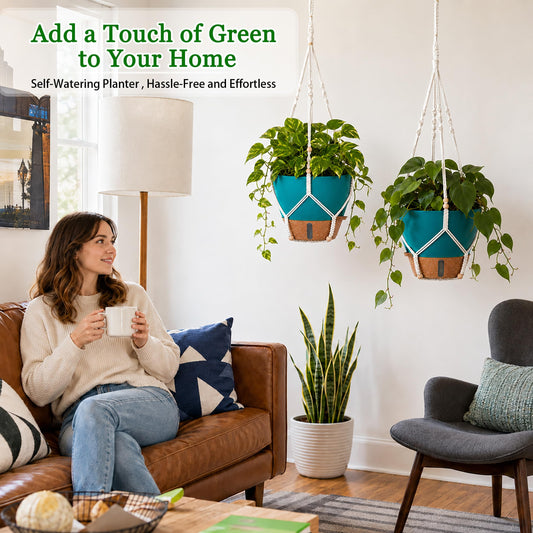10 Inch Self Watering Hanging Planters for Indoor Plants, 2 Pack, Turquoise