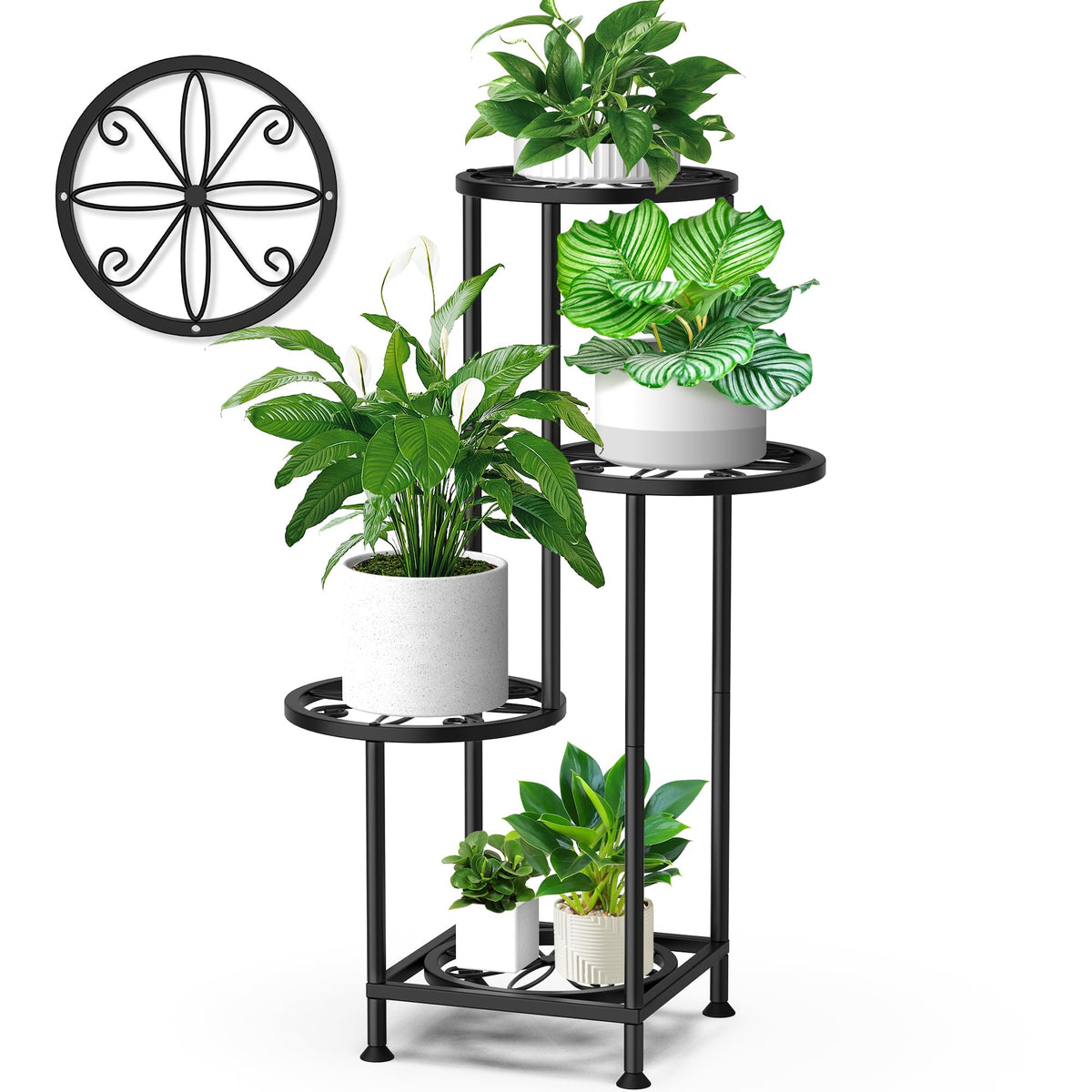 YOCOMEY 4 Tier Plant Stand Indoor Outdoor, Metal Shelf Holder Corner Black