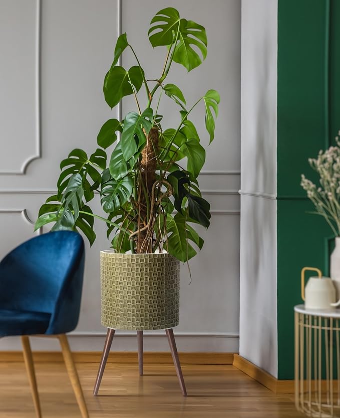 D'vine Dev 16 Inch Modern Geometric Tile Patterned Sleek Planter Pot with Stand, Indoor Outdoor Decorative Plant Holder, Distressed Olive, 88-Z-E-4