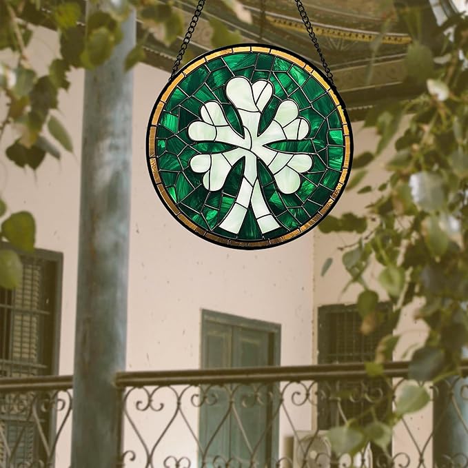 QZQCBLC Stained Glass Window Hanging Green Clover 7.8" - Suncatcher Door Garden Sun Catcher Home Ireland Decor Birthday Mother's Day St Patrick's Day Gifts for Mom Men Woman Wife Friend