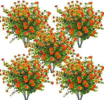 Grunyia 10 Bundles Artificial Fake Flowers, Faux Outdoor Plastic Plants UV Resistant Shrubs Outside Indoor Decorations (Orange-Eucalyptus)