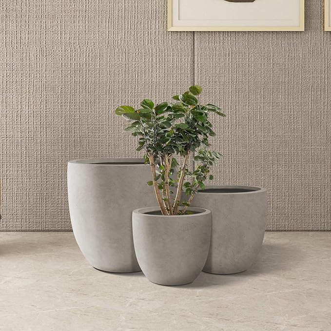 Kante 20",16.5",13.4" Dia Round Concrete Planters (Set of 3), Outdoor Indoor Modern Decorative Plant Pots with Drainage Hole & Rubber Plug for Home & Garden, Weathered Concrete