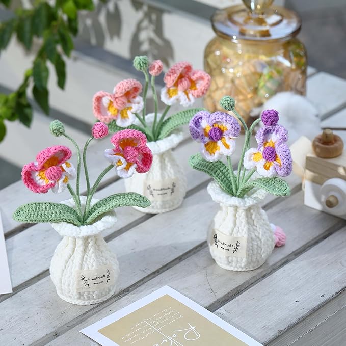 YOOJEE Orchid Crochet Flower Pot Purple Handmade Knitted Phalaenopsis Desk Decor for Home Office