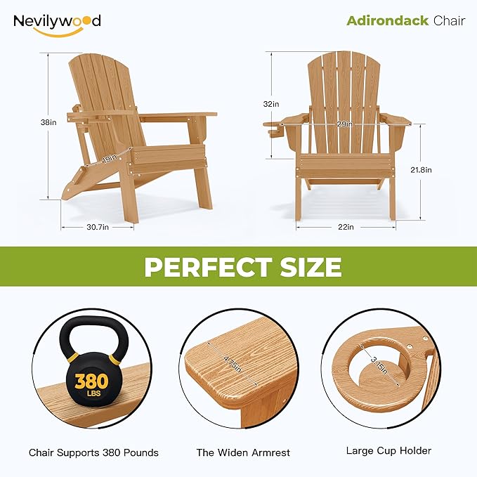 nevilywood Folding Adirondack Chair with Cup Holder Set of 4, HDPE Patio Chairs,All-Weather Outdoor Chairs for Backyard, Deck,Fire Pit-TeakBrown