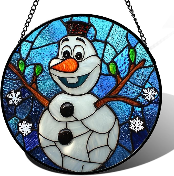 Stained Glass Window Hanging Christmas Funny Snowman 6.3" - Suncatcher Door Garden Blue White Snowflakes Sun Catcher New Year Birthday for Friend Mom Men Woman Nana