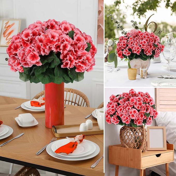 Hananona Artificial Geranium Flowers for Outdoors Geranium Silk Flowers Outdoor UV Resistant Garden Plants Faux Flowers for Home Kitchen Table Centerpieces Decor (12, Peach)