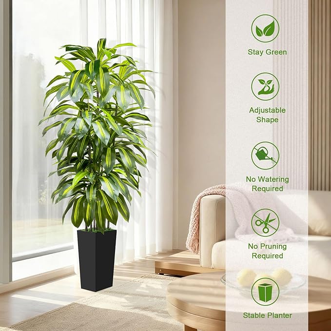 6FT Artificial Dracaena Tree Indoor Fake Tree Tall Plant with Black Planter Faux Plants Indoor Living Room Artificial Plants Indoor Decor Large Fake Plant