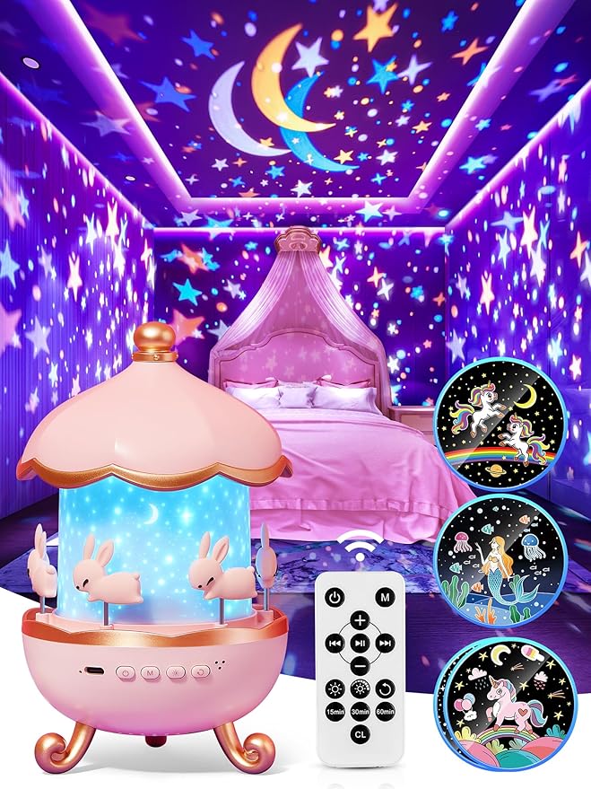 Carousel Night Light for Kids, 15 Music+15 Films+315 Colors Star Projector for Kids Night Light Projector,360°+Remote+1200mah Unicorn Toys for Girls Room Decor, Valentines Gifts for Kids, Girls, Baby