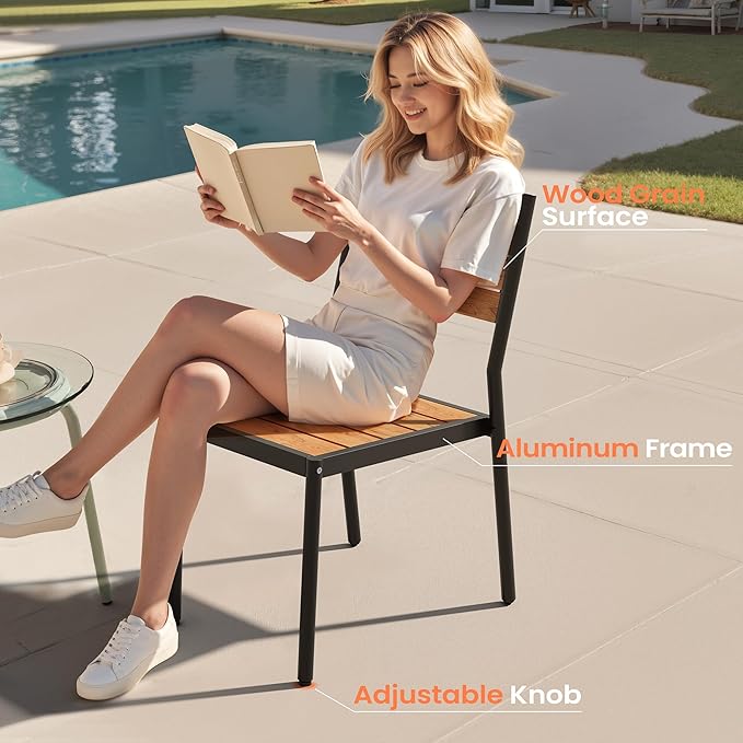 Pellebant Stackable Outdoor Dining Chairs Set of 2, Aluminum Patio Chairs with Armless, All-Weather for Garden, Lawn, Deck, Porch and Yard, Brown
