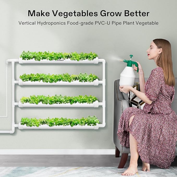 VIVOSUN Wall-Mounted Hydroponic Grow Kit, 1 Layers 36 Plant Sites 4 Food-Grade PVC-U Pipes Hydroponics Planting System with Water Pump, Pump Timer, Nest Basket and Sponge for Leafy Vegetables