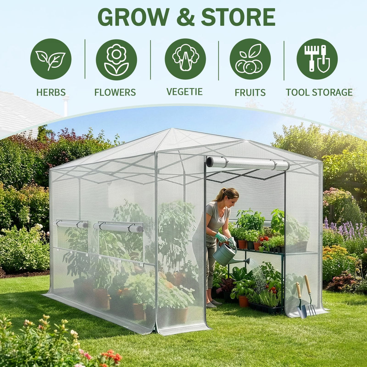 Outvita 8x12ft Greenhouse, Instant Walk-in Pop Up Tent Greenhouse for Indoor Outdoor Gardening Easy Setup Shelter with Roll-up Zipper Entry Doors and Windows