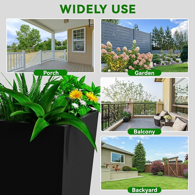POOAMY Metal Planter 2 Pack, 15L x 15W x 30H, Heavy Duty Tall Planters for Outdoor Plants, Black Planters with Removable Insert Shelf, Large Planters with Drainage Holes for Porch, Patio, Black