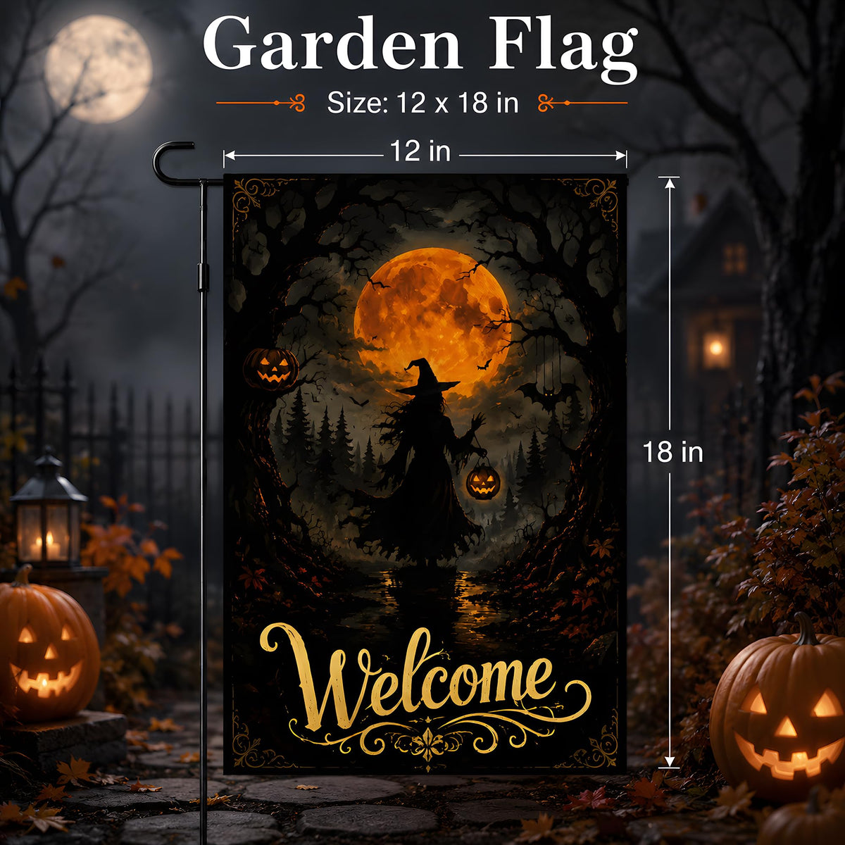 Halloween Decorations - Witch Full Moon Welcome Garden Flag for Outdoor