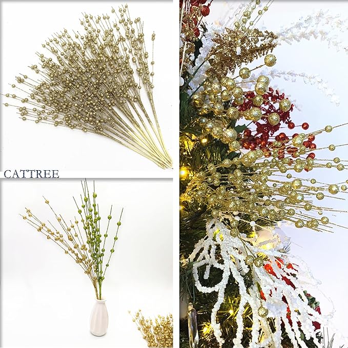 Artificial Glitter Berry Stem Ornaments, Gold Bright Berries Decorative Bead Sticks, Picks Branches Glittery Twigs for Home Christmas Tree Vase Holiday Wedding Party Decor - 17 Inch Golden 10 Pack
